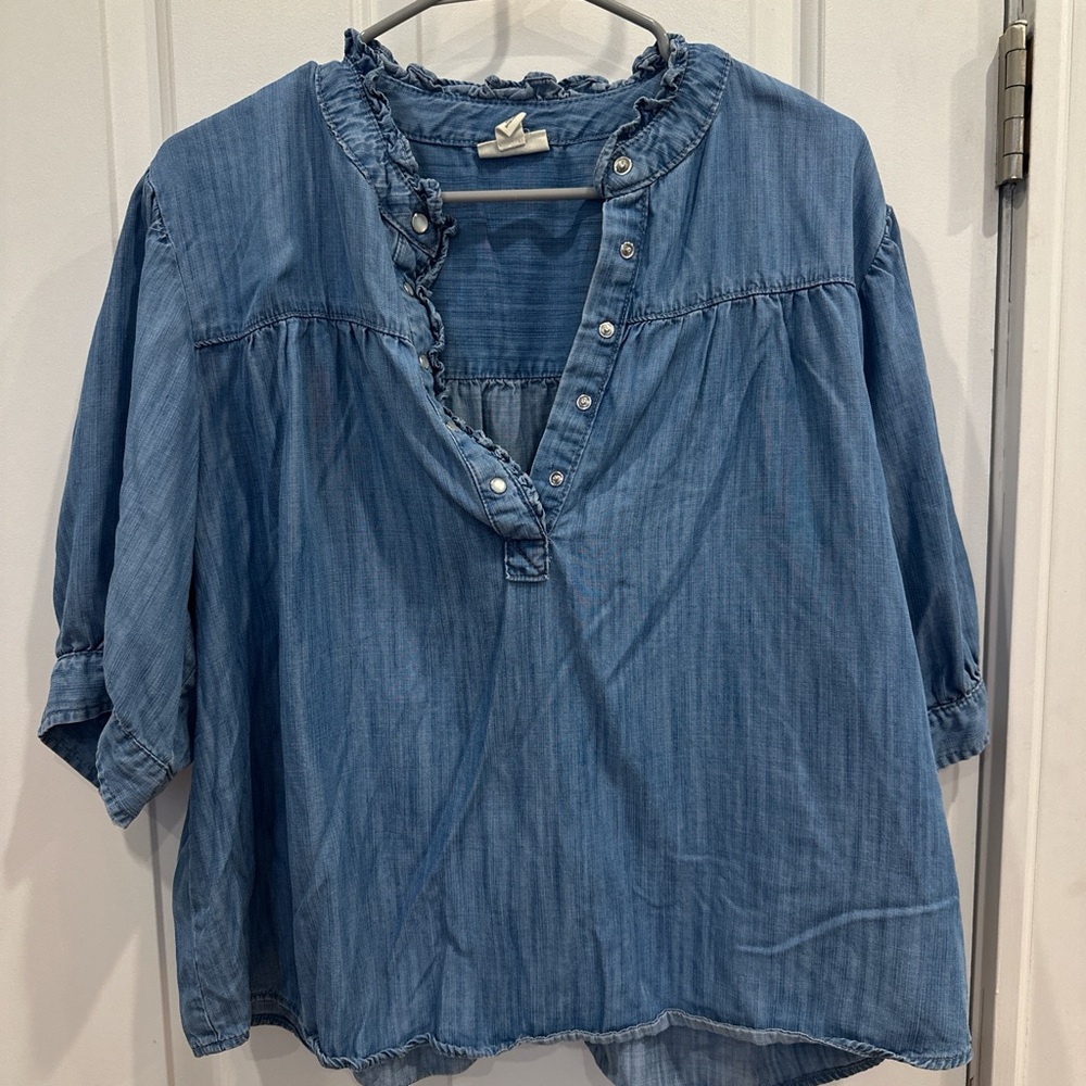 Blue Denim Women's Top with ruffle button detail